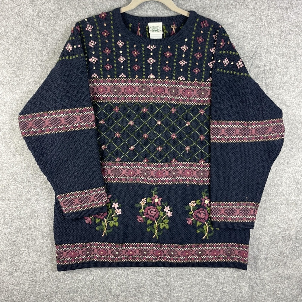 VTG Laura Ashley Sweater Womens Large Floral Knit Embroidery Cottagecore Grandma